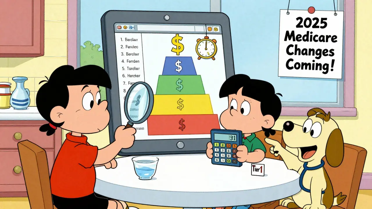 Family comparing health plan tiers on a tablet with a dog helping, cartoon style