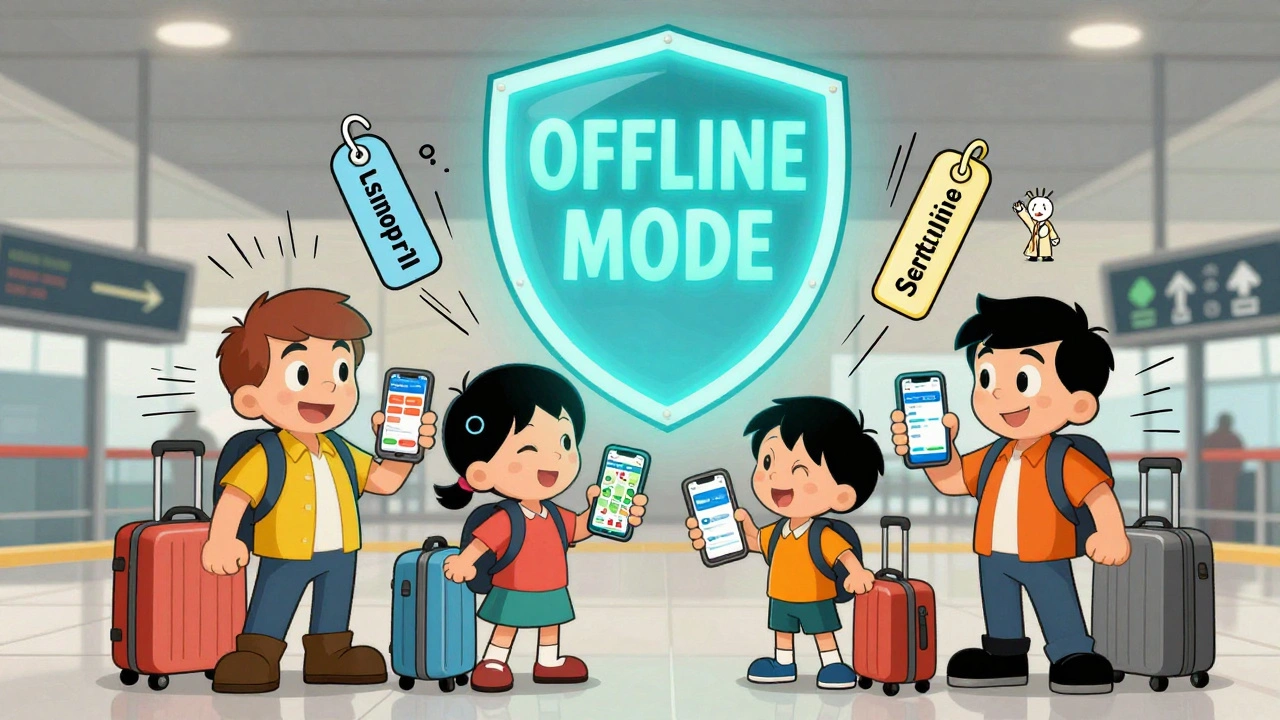 Family preparing for travel with health apps on their phones at an airport