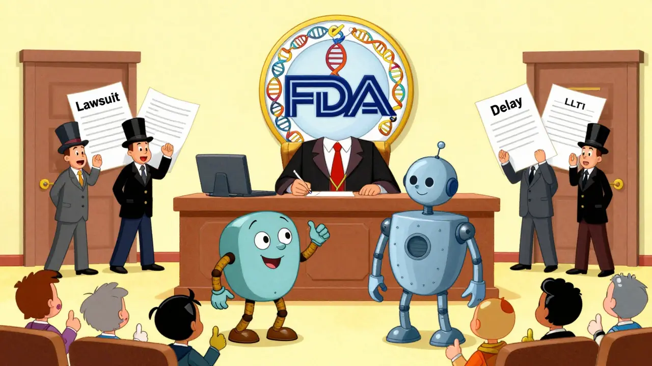 FDA judge in DNA robe presiding over a trial between two robot drugs with patient jurors.