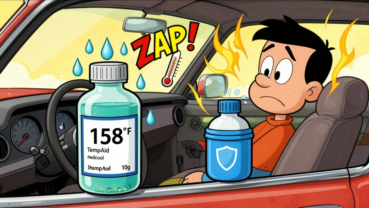 Insulin bottle overheating in a car while a cooler stays safe, Hanna-Barbera cartoon scene