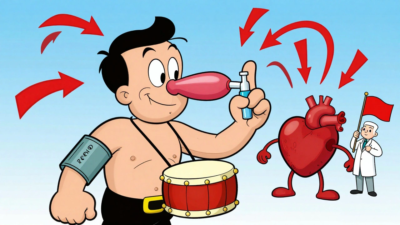 Man with puffed nose and rising blood pressure, cartoon medical warning symbols.