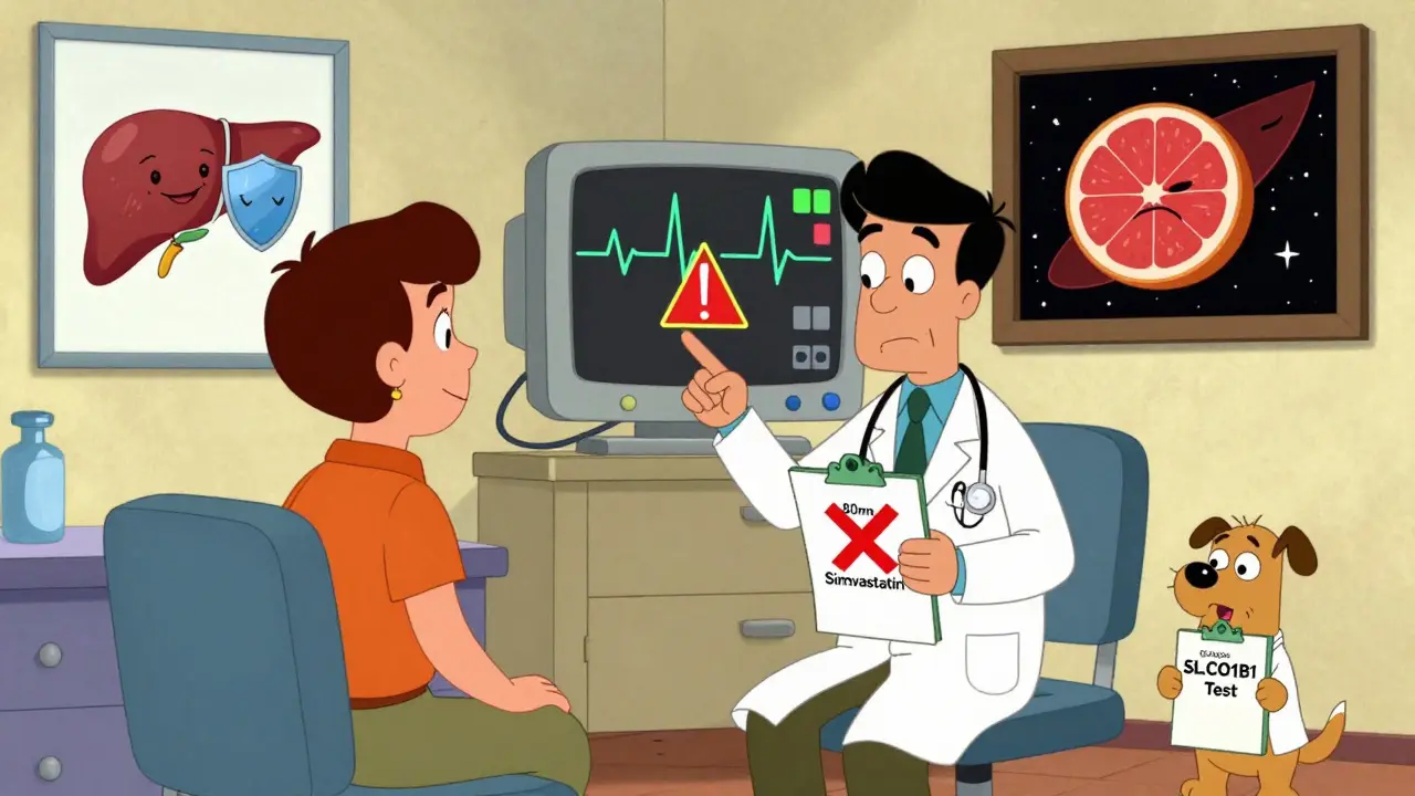 Patient points at muscle breakdown warning on EKG screen as doctor crosses out high-dose simvastatin prescription.