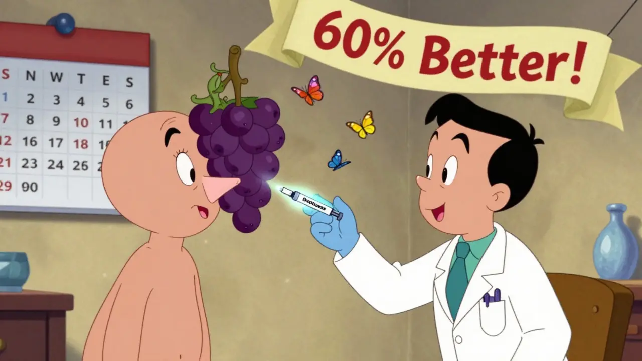 Patient with grape-like nasal polyps being treated by an injection that turns them into butterflies.