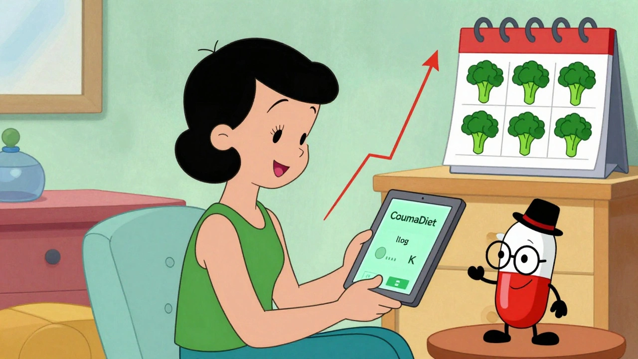 Person logging vitamin K intake on app with steady graph and supplement capsule