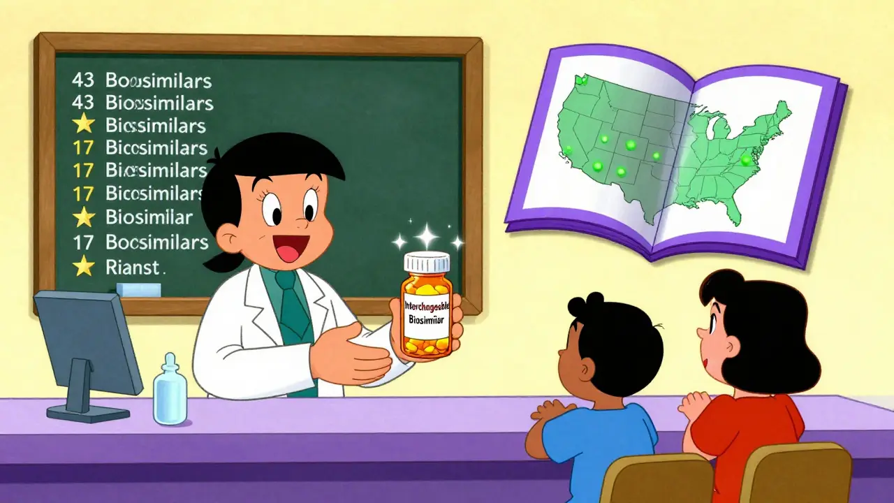 Pharmacist handing an interchangeable biosimilar to a patient, with Purple Book displaying approved drugs.