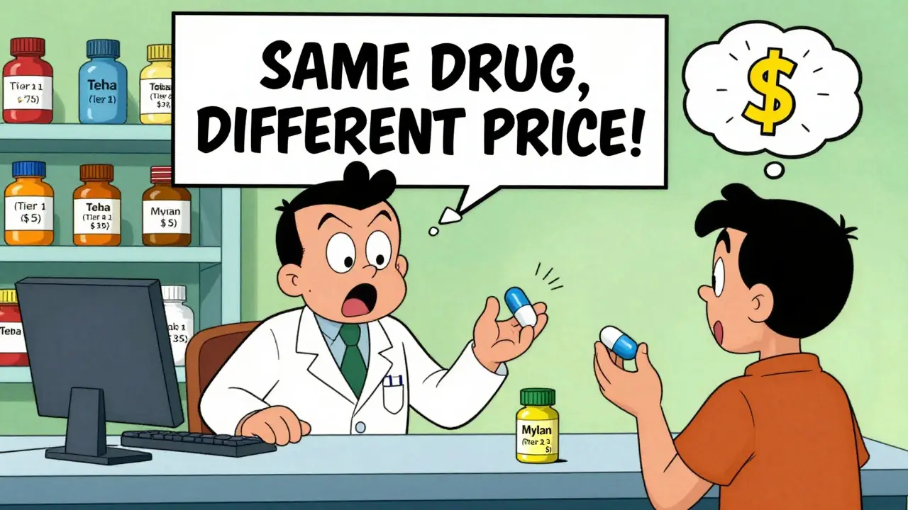 Pharmacist handing two identical pills with drastically different prices labeled by manufacturer