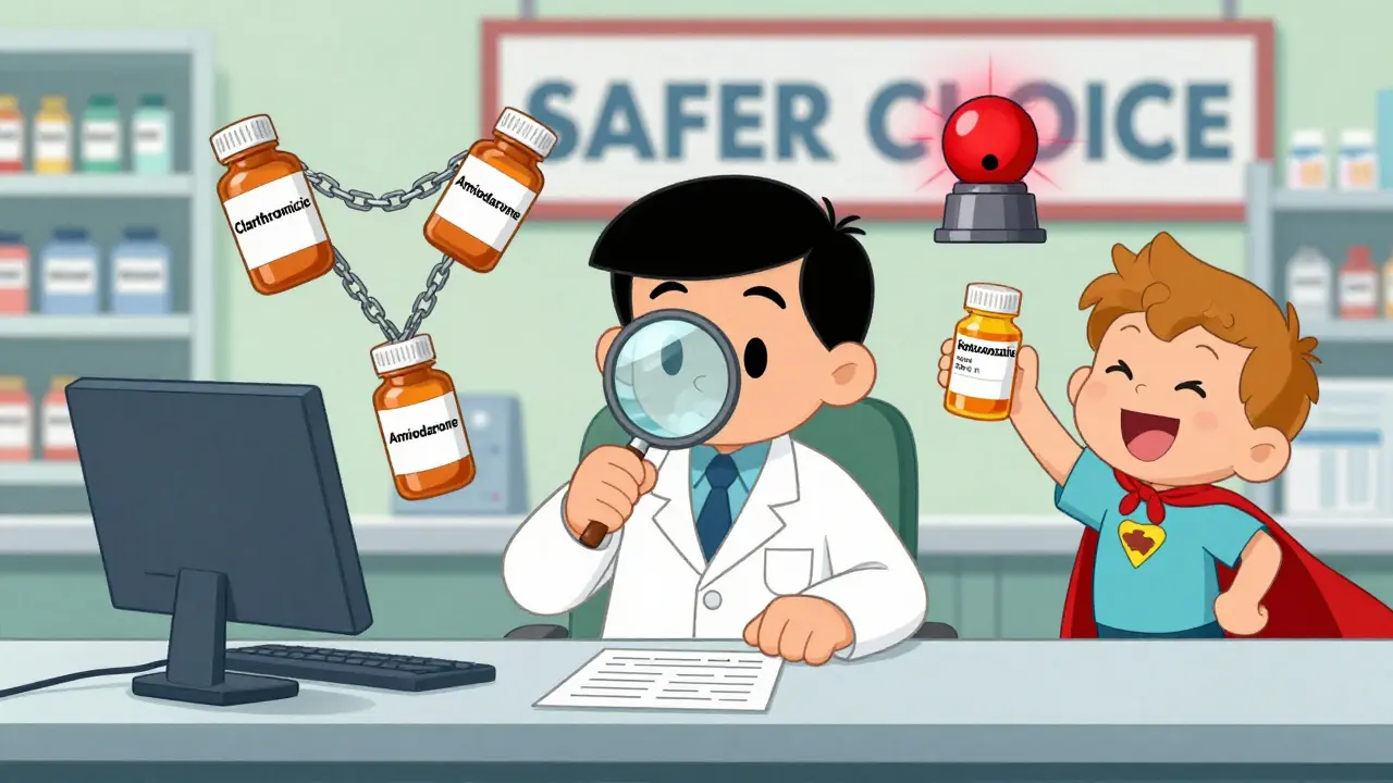 Pharmacist using magnifying glass to spot dangerous drug interactions while patient holds up safer alternative.