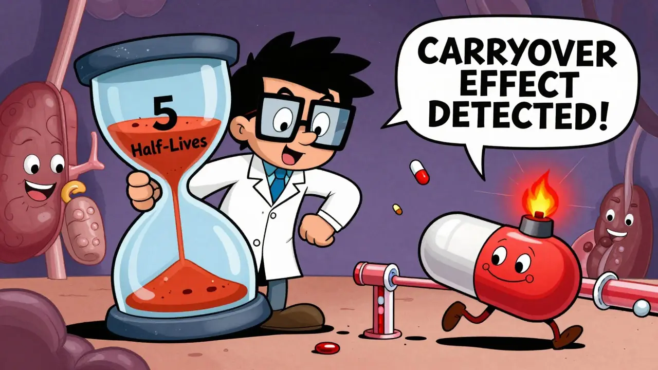 Scientist with hourglass warning of drug carryover effect