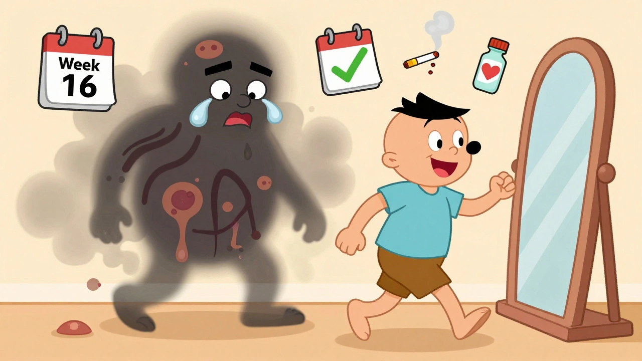 Smiling patient walking past mirror as old HS symptoms fade into smoke with health icons.