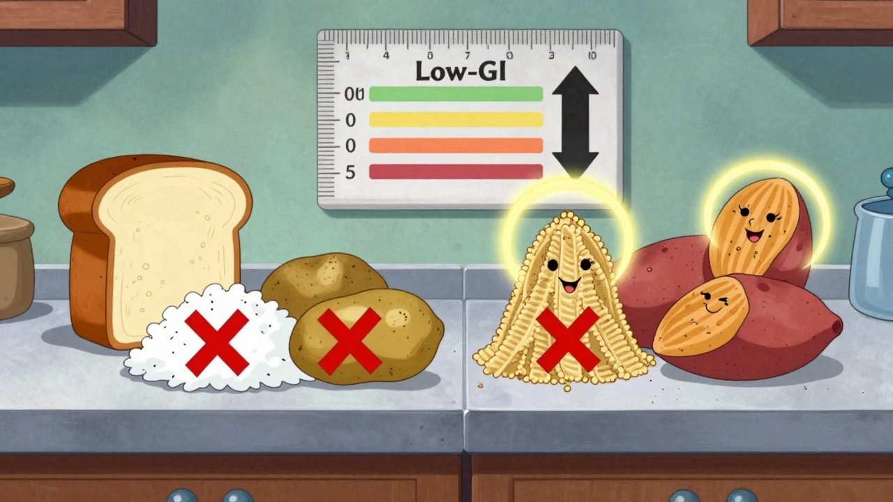 Split kitchen counter showing high-GI foods with X marks and low-GI swaps with happy faces.