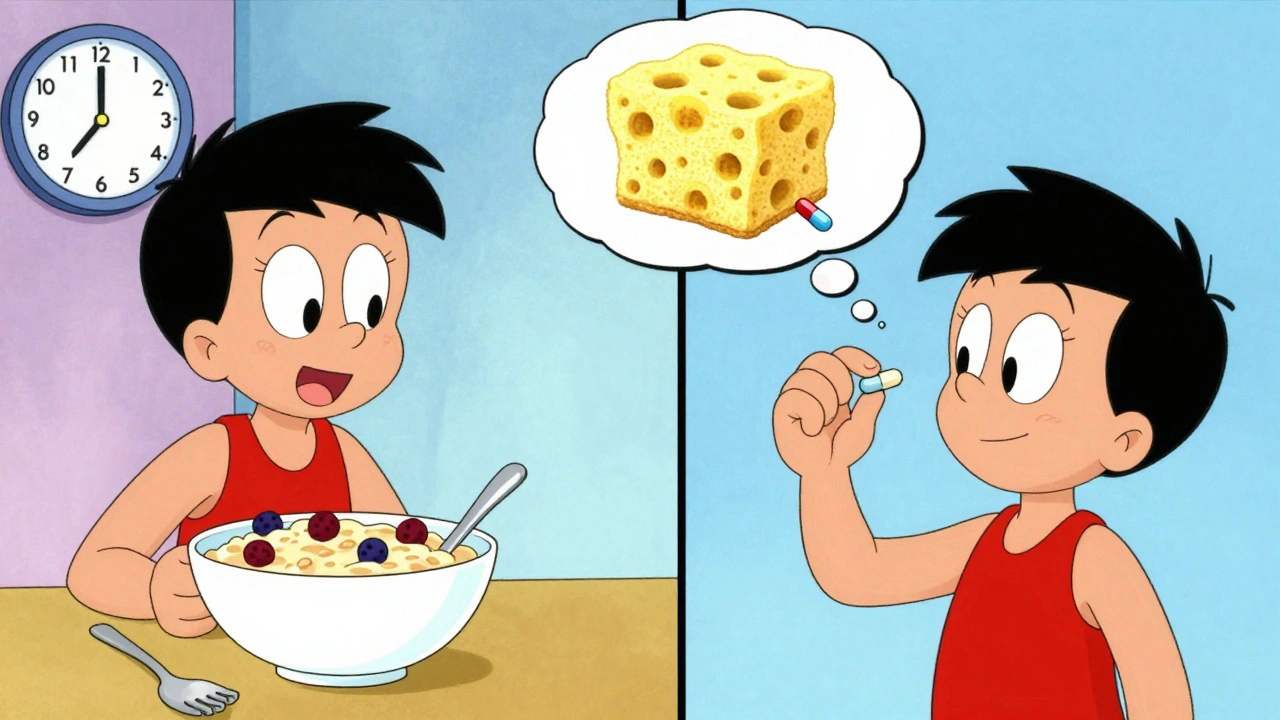 Split-screen cartoon showing breakfast and later fiber supplement intake with a clock and sponge swallowing a pill.