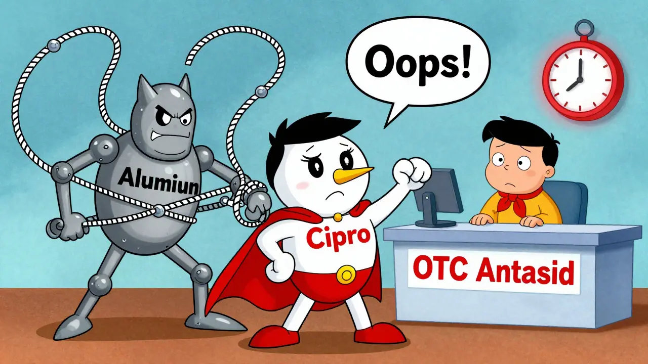 Superhero antibiotic being bound by metal-ion villains in a colorful cartoon, with a worried patient watching.