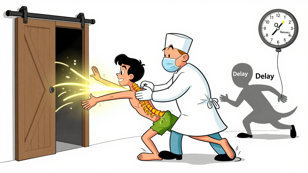 Surgeon opens spinal canal like a door, releasing restored nerve signals to arms and legs.