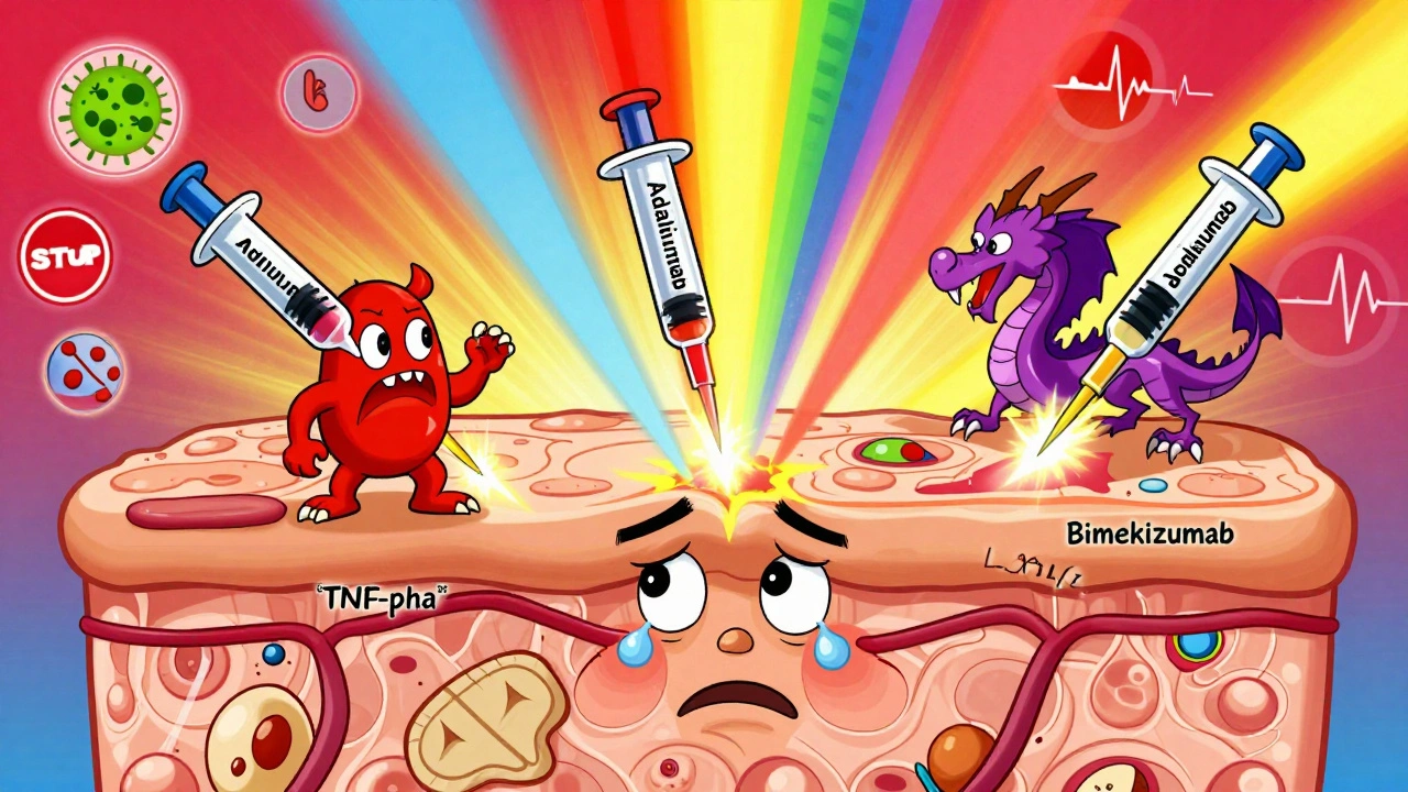 Three colorful syringes firing light beams at immune system targets on a cartoon skin map.