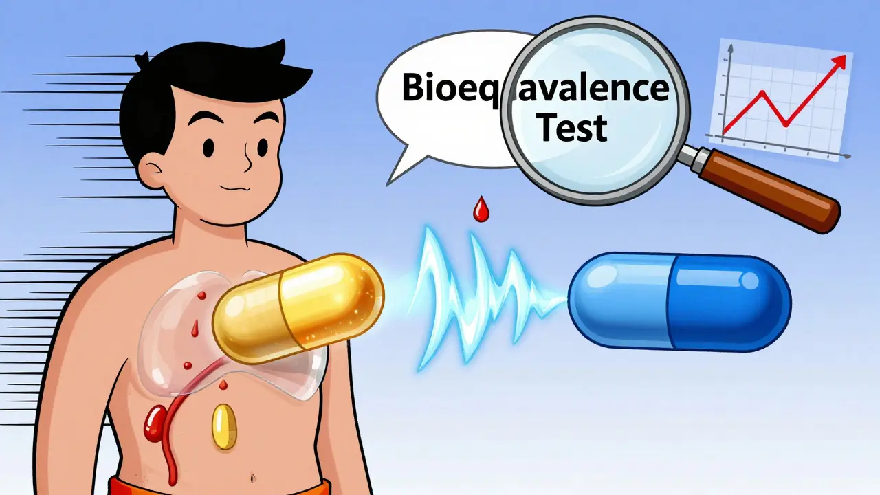 Transparent human body showing brand and generic pills releasing equal energy waves in bioequivalence illustration.