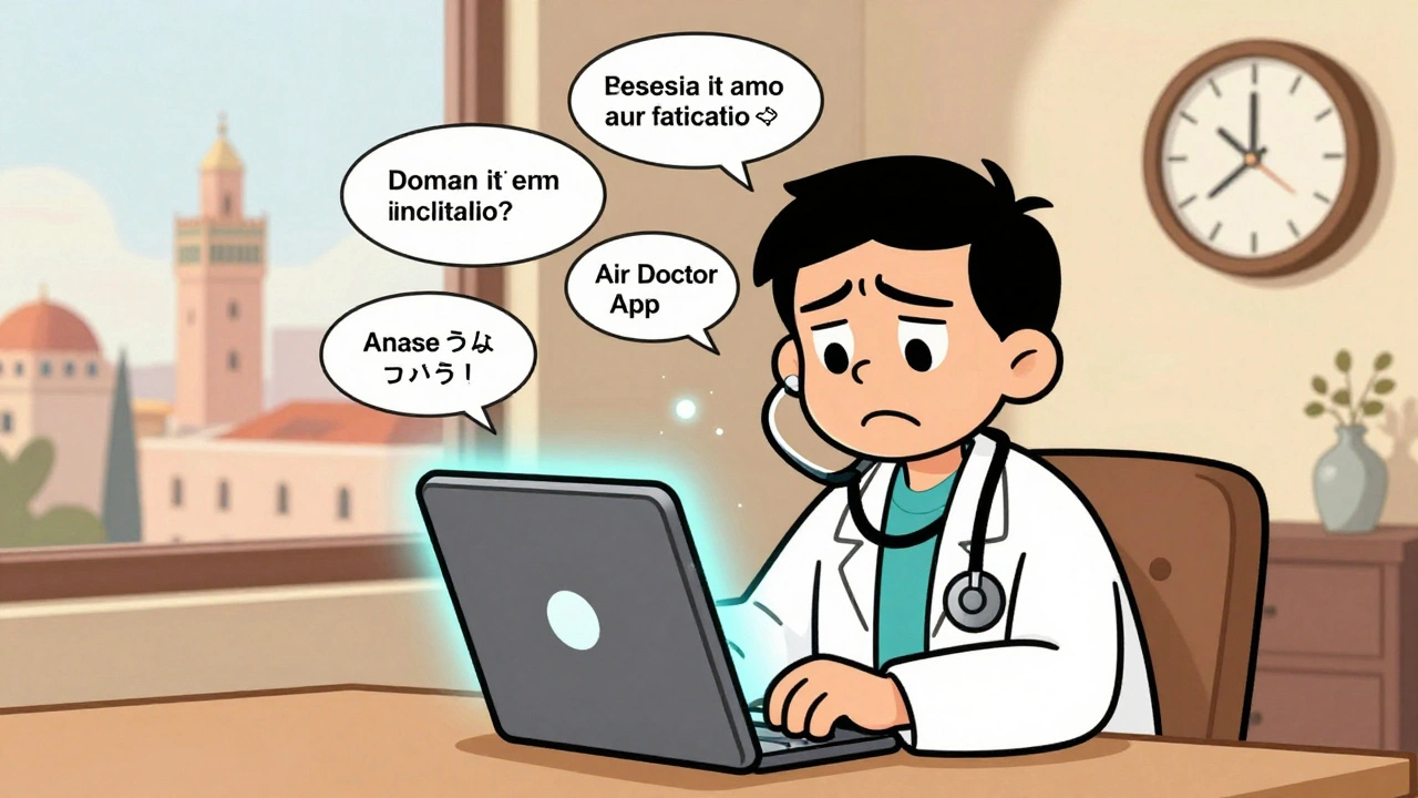 Traveler video calling a doctor via app while in a foreign hotel