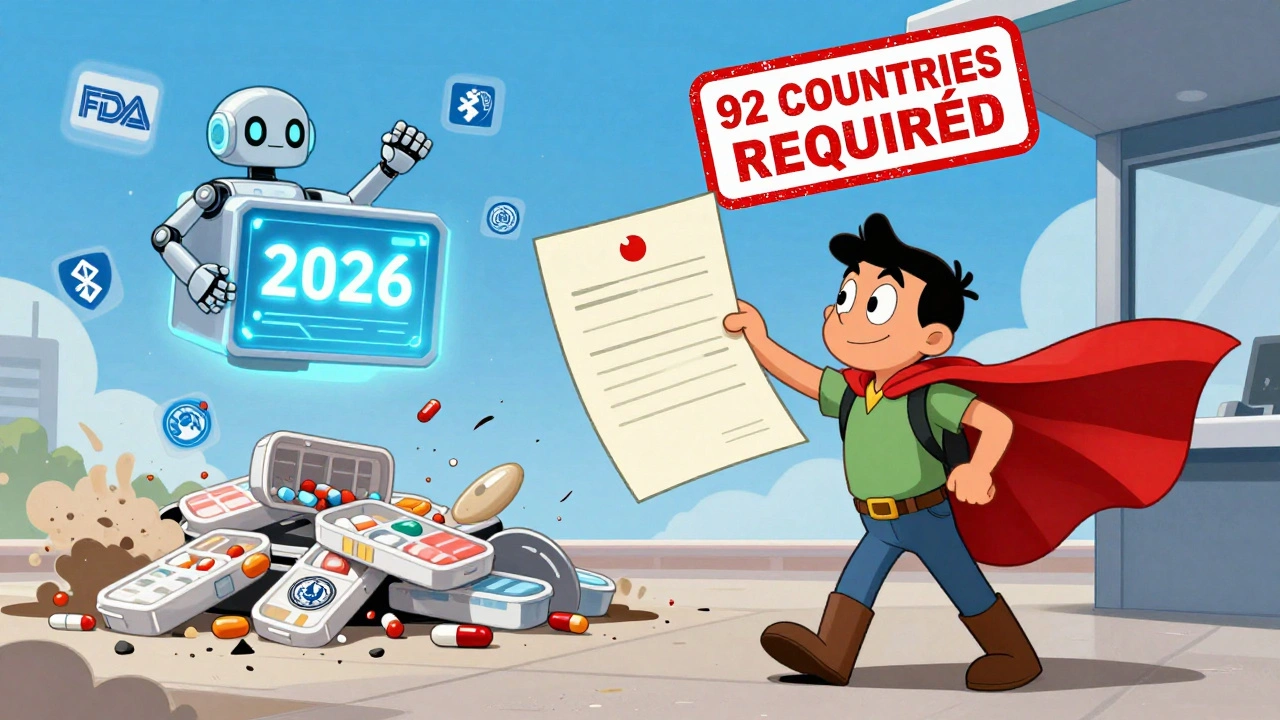 Traveler with doctor&#039;s letter at customs, pill organizers crumbling behind them