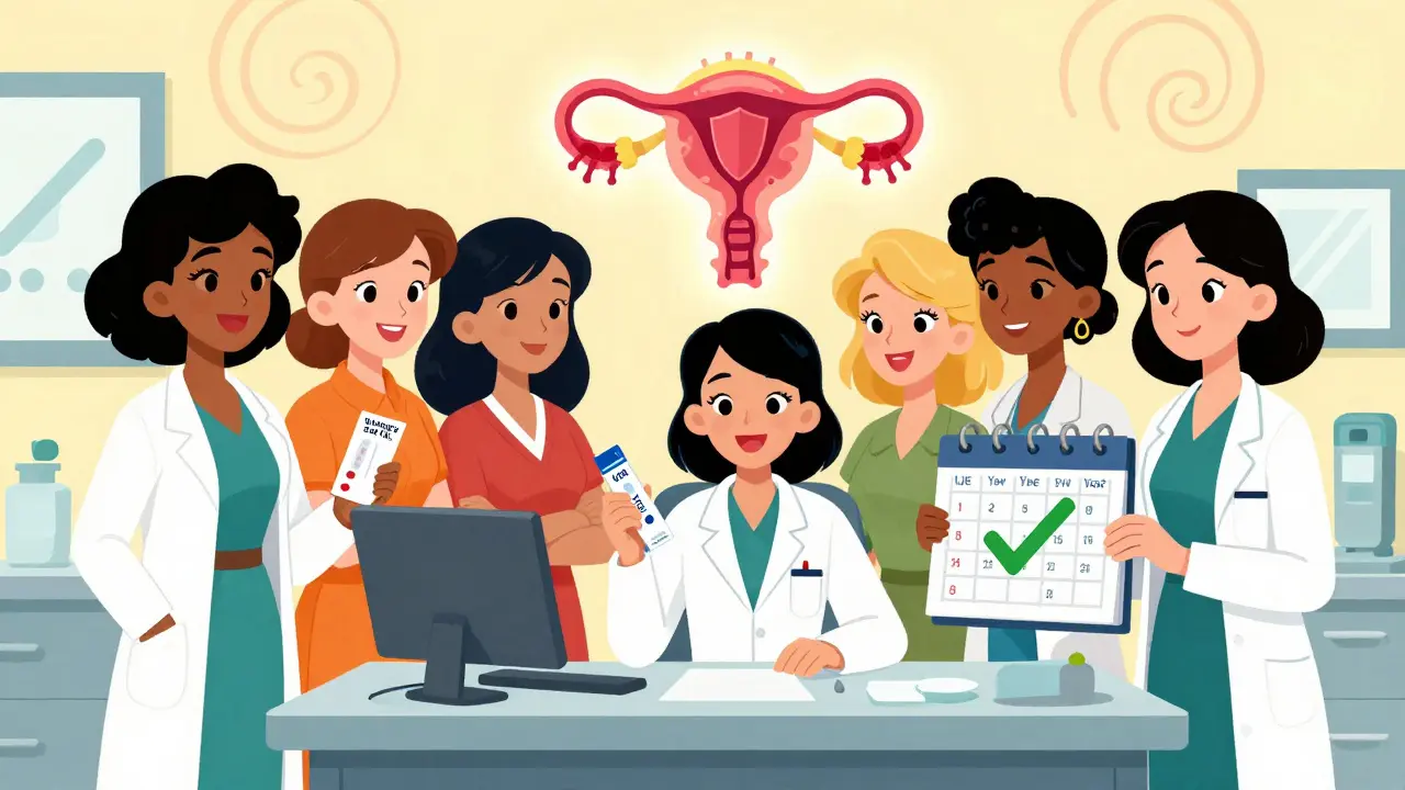 Women in a colorful clinic using HPV self-test kits and checking five-year screening calendars.