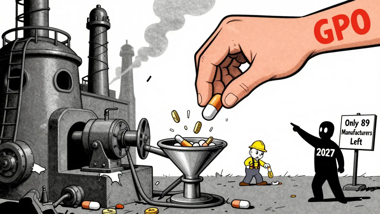 A crumbling generic drug factory with broken machines, a penny funnel, and a shadowy figure pointing to a declining number.