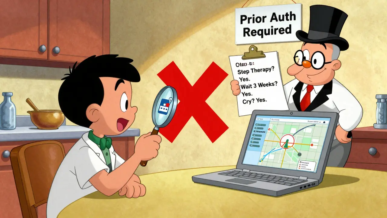 A doctor and patient reviewing a pharmacy network map, with an insurance agent blocking the path to coverage.