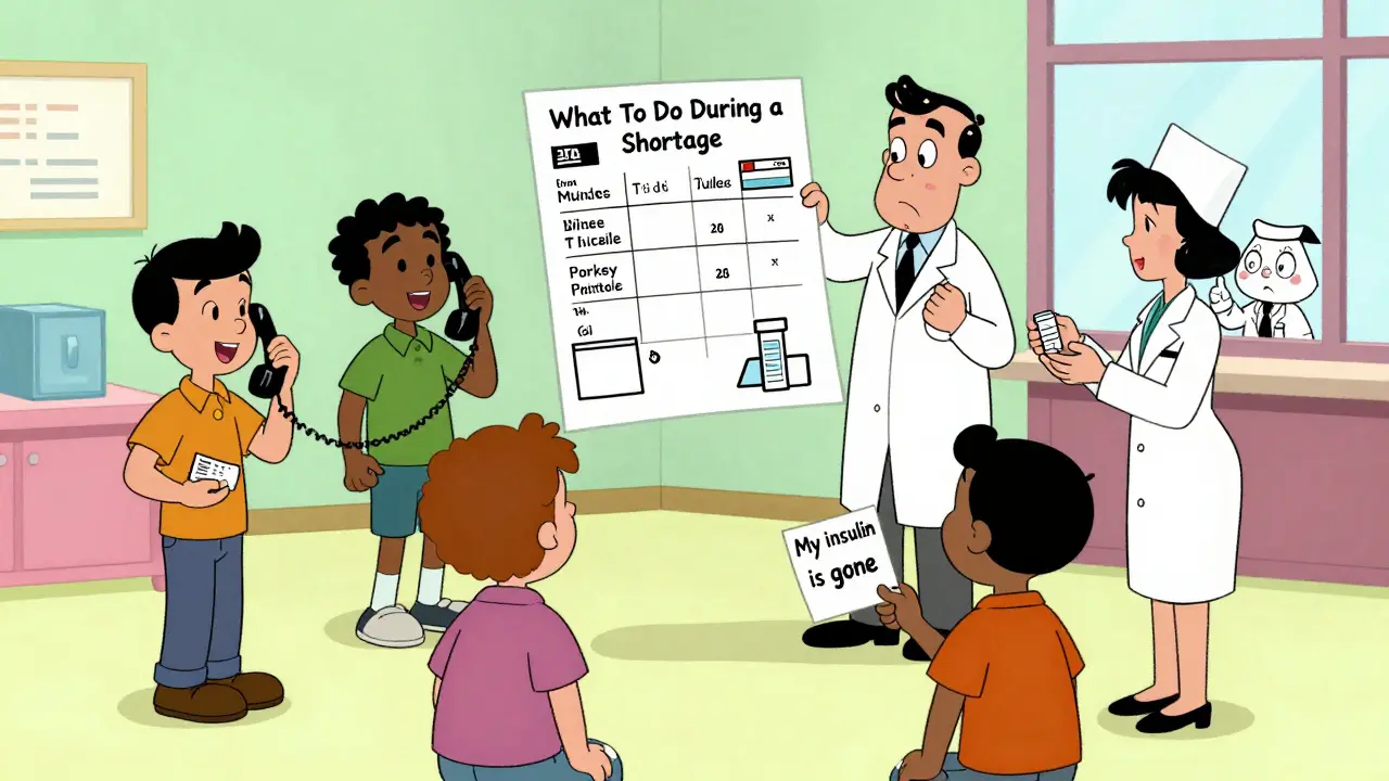 A doctor explains shortage solutions to a group of patients using a large flowchart in a community center.