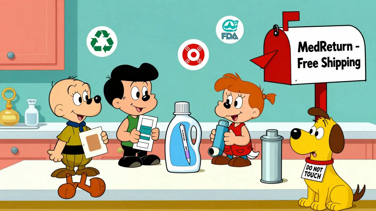 A family arranges expired medical items on a counter, pointing to a mail-back box labeled 'MedReturn' with a dog wearing a safety sign.
