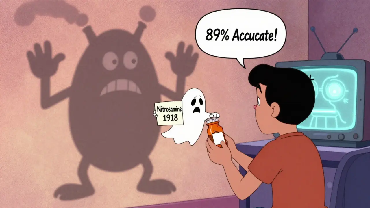 A patient with a ghostly contaminant emerging from a pill, while an AI monitor watches nearby.