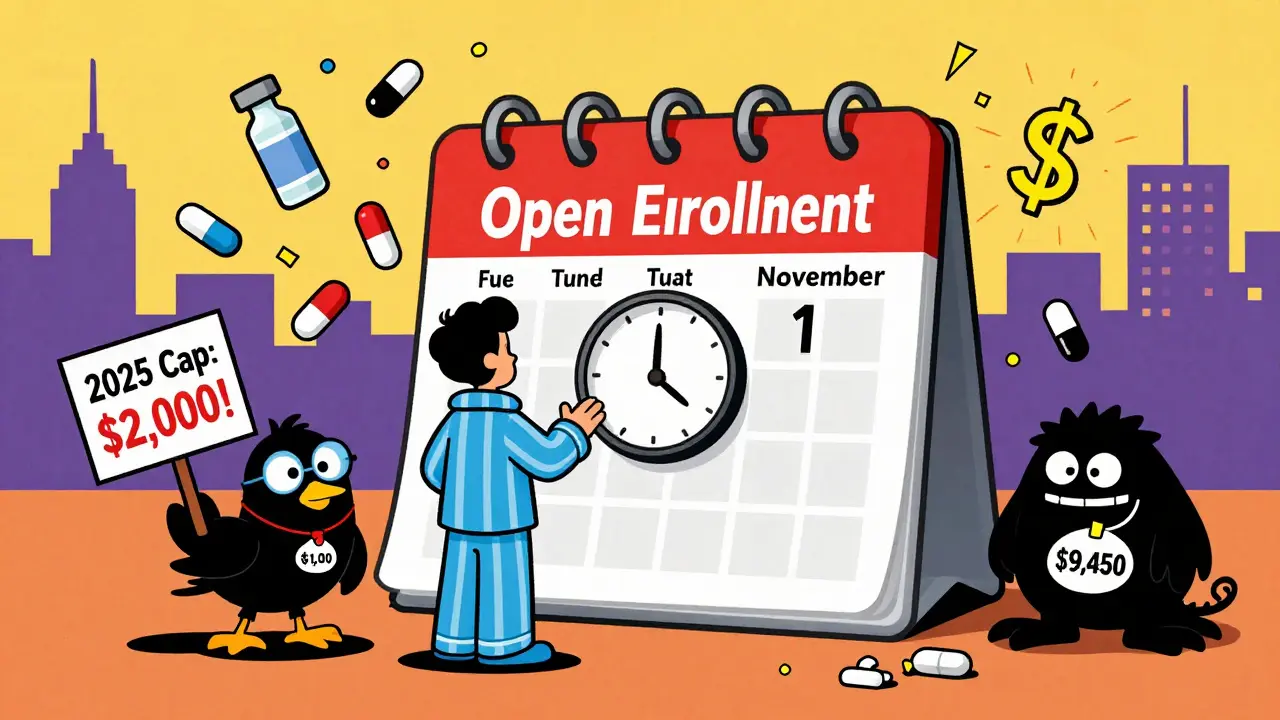 A person facing a calendar for open enrollment, with drug icons and a Medicare bird announcing a ,000 cap.