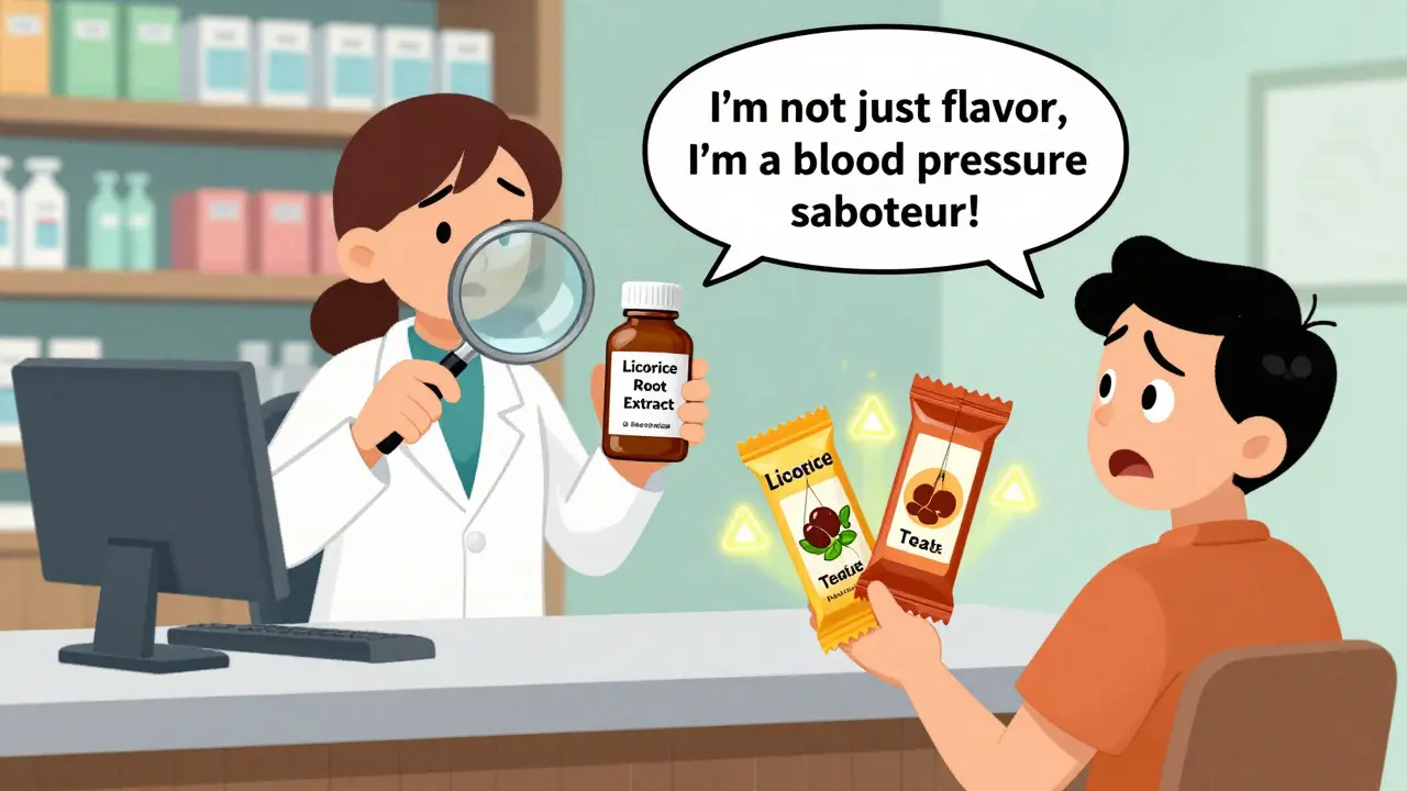 A pharmacist examining herbal products with glowing licorice root warning signs at a pharmacy counter.