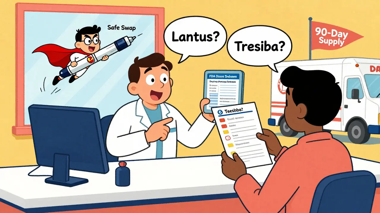 A pharmacist shows a patient the FDA drug shortage database on a tablet, with a superhero insulin pen flying in.