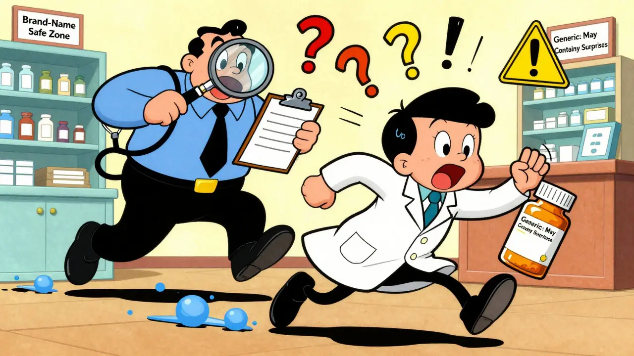 A pharmacist watching a running pill bottle with blue specks, chased by an FDA inspector.