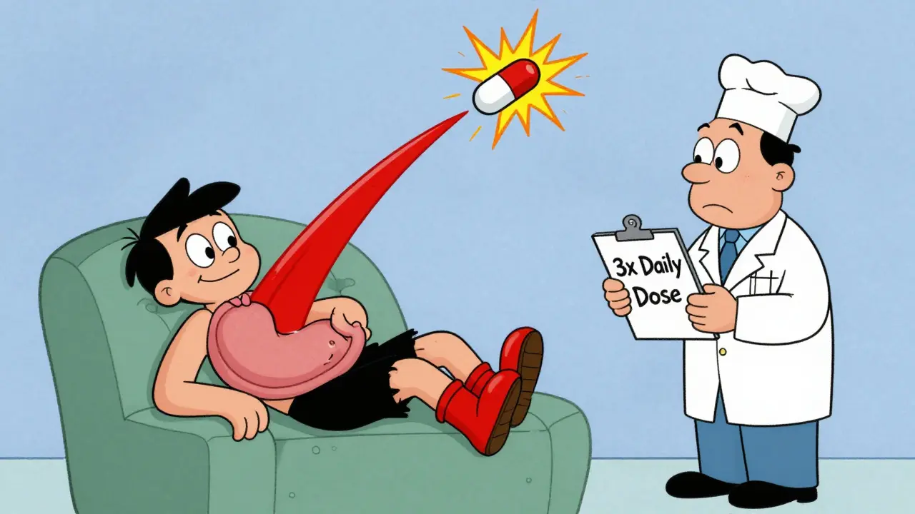 An immediate-release pill causing a sharp peak and crash in bloodstream, with the patient exhausted in the afternoon.