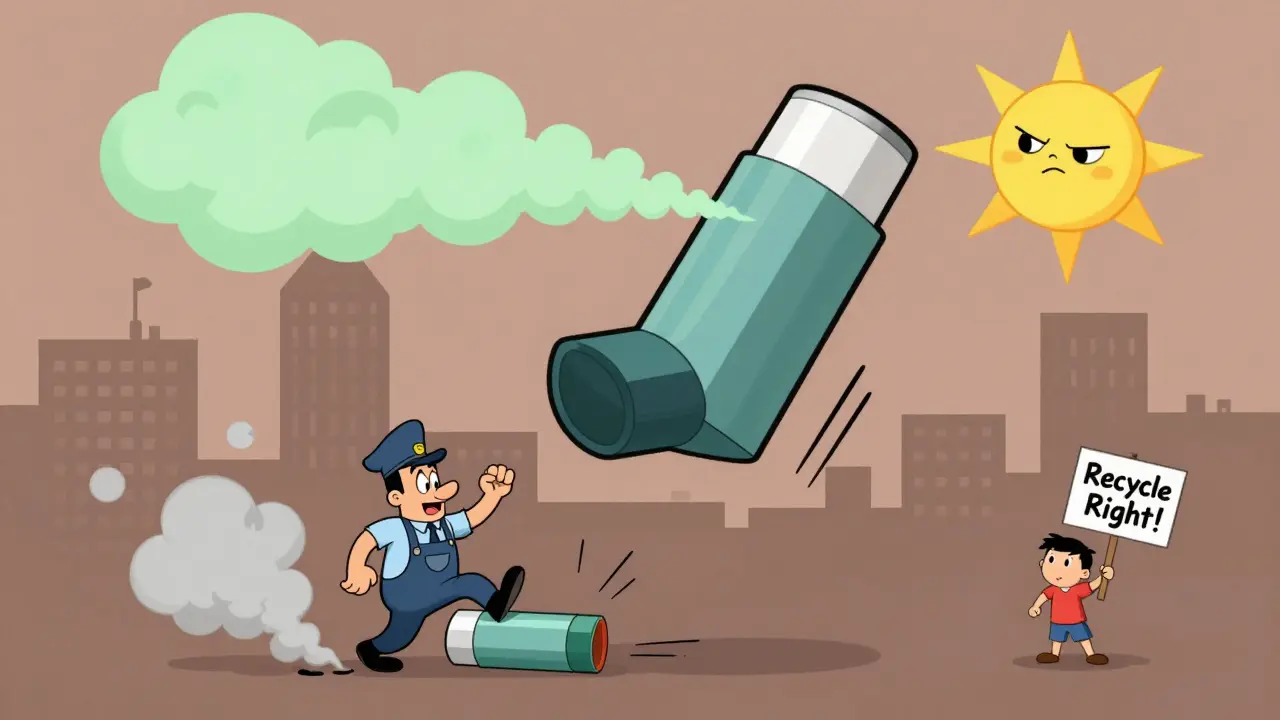 An oversized inhaler leaking green smoke above a city, while a janitor steps on it and a child holds a recycling sign.
