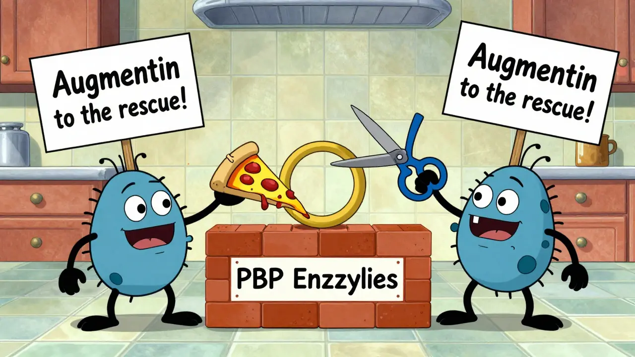 Bacteria trying to build a wall while beta-lactamase cuts the antibiotic ring