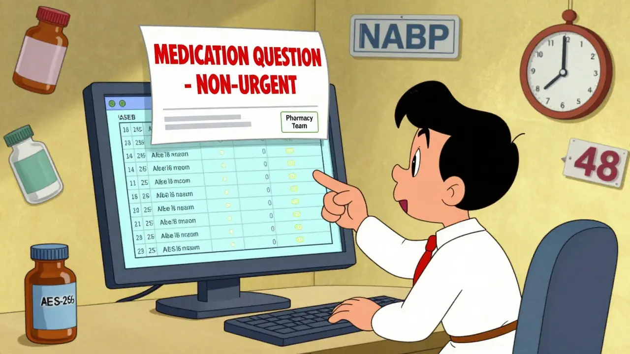 Clinic staff viewing encrypted message log with 'MEDICATION QUESTION - NON-URGENT' subject line, cartoon style.