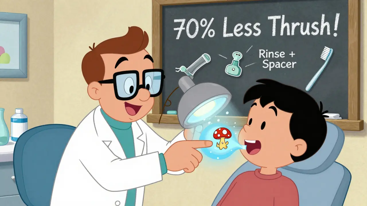 Dentist washing away fungus from mouth with water droplet, showing rinse and spacer benefits.