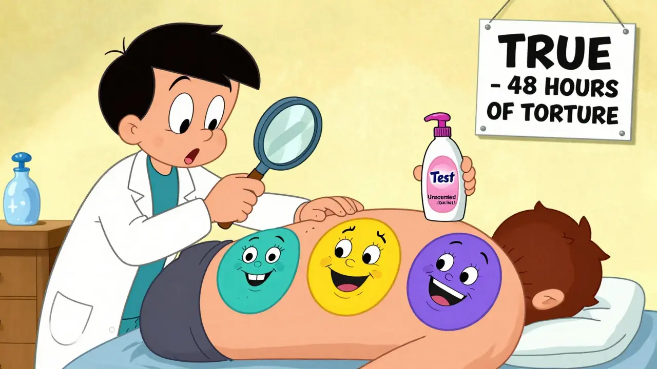 Dermatologist examining oversized patch test stickers on a patient's back, with comical product bottles nearby.