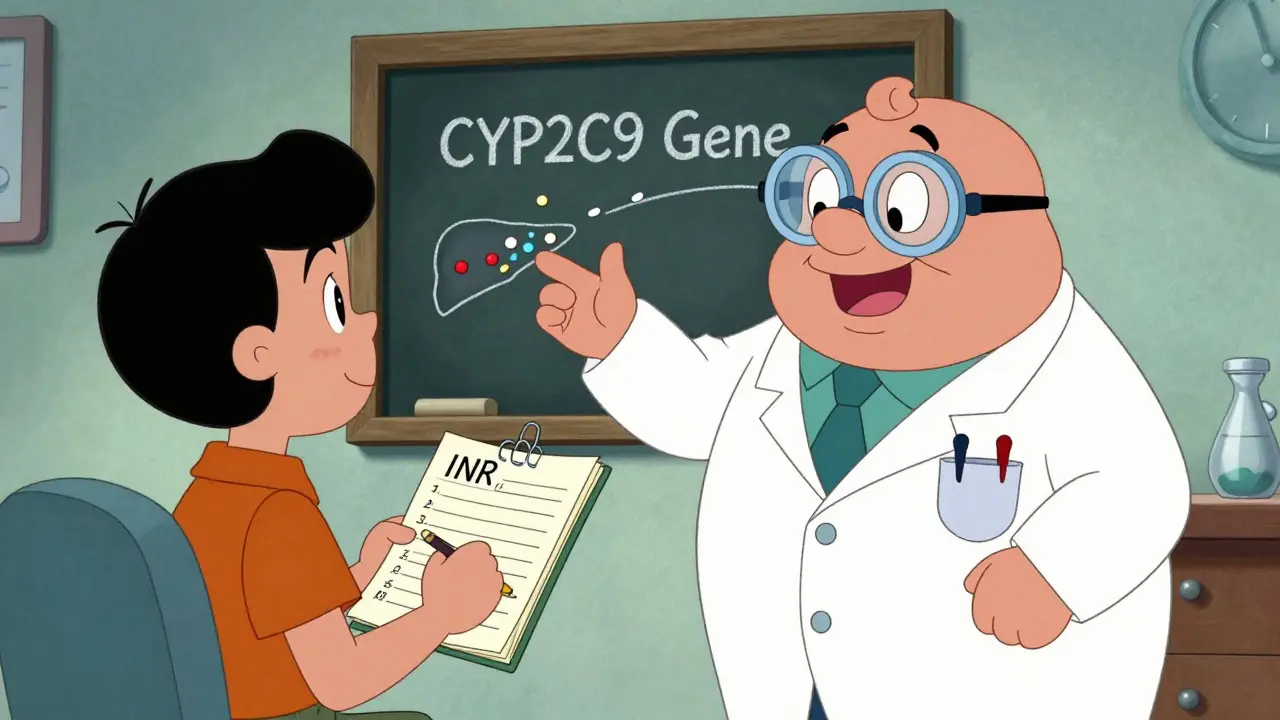 Doctor and patient reviewing INR log while a cartoon gene explains drug absorption with a chalkboard in vintage animation style.