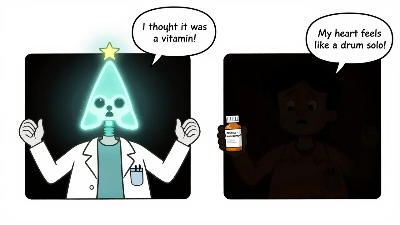 Doctor holding a scan showing one bright thyroid and one dark one, patient confused with pill bottle.