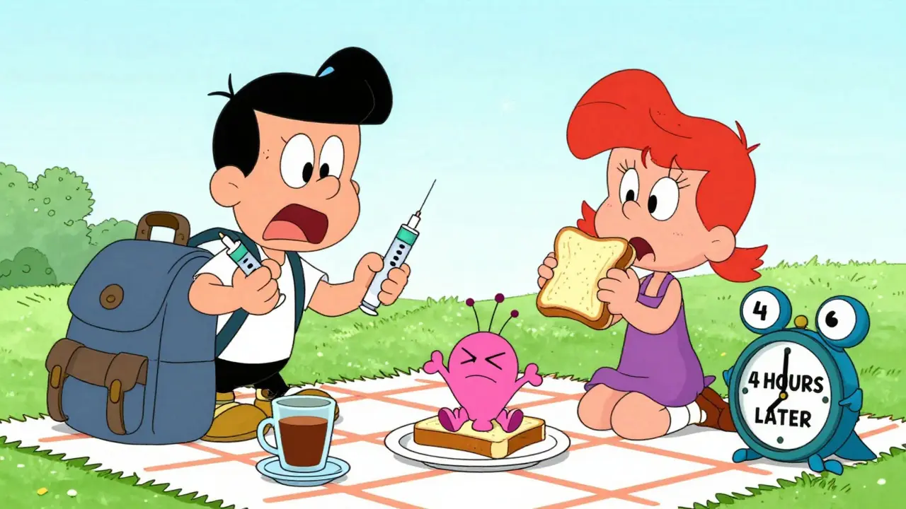 Family at picnic with epinephrine injectors and biphasic reaction monster