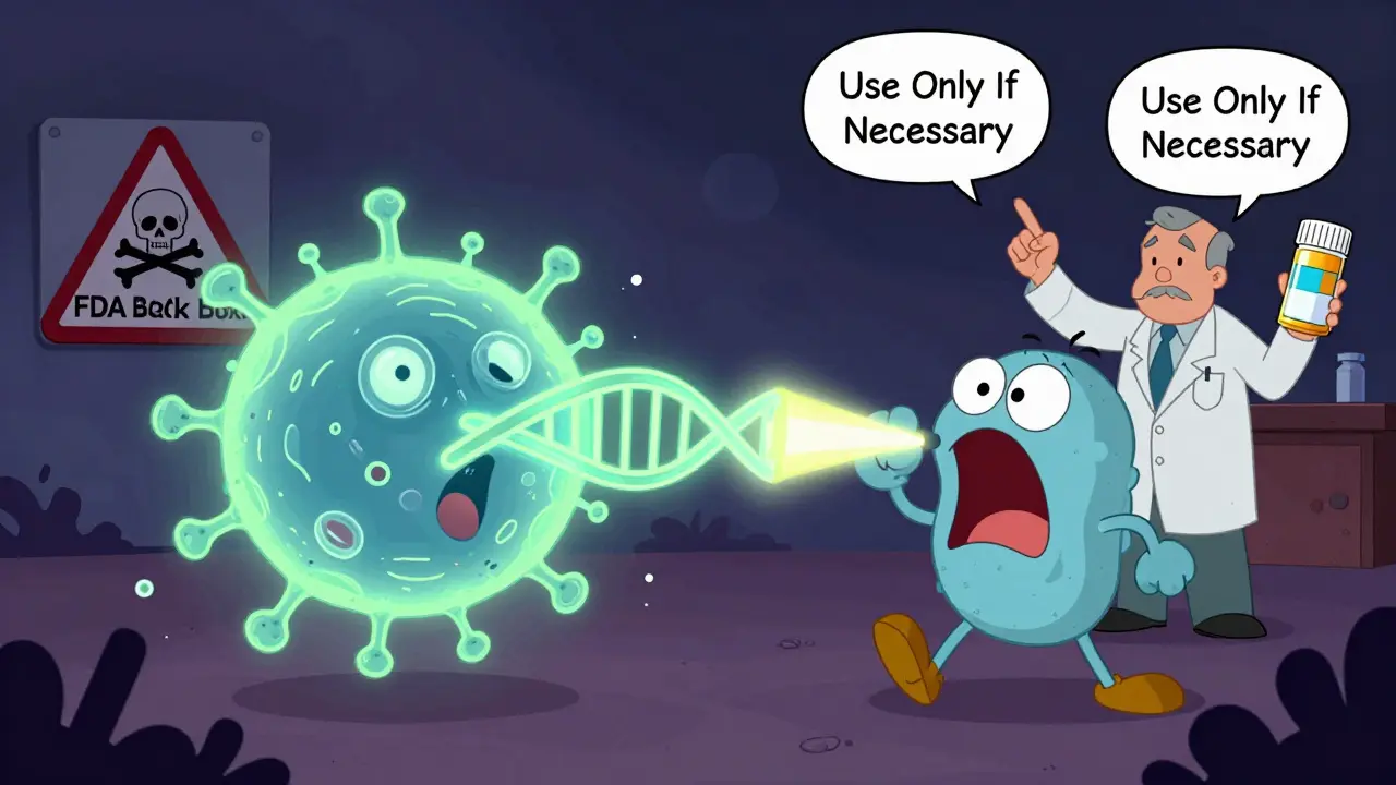 Fluoroquinolone molecule tangling bacterial DNA with a laser-like beam