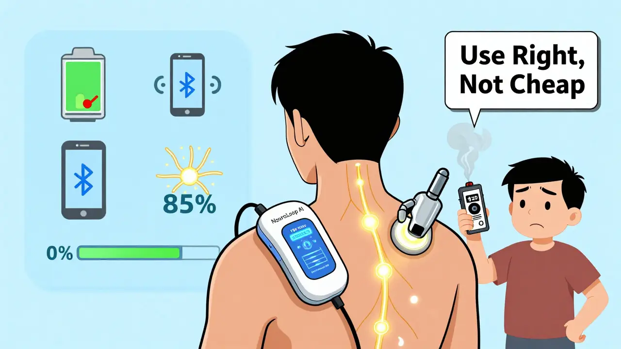 Futuristic AI TENS device adjusts electrodes as nerves glow and rewire.