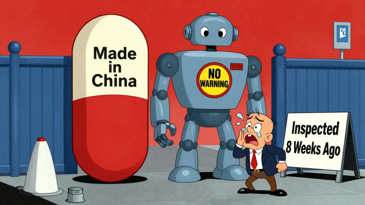 Giant pills blocked at U.S. border by a robot inspector with 'NO WARNING' badge in retro cartoon style.