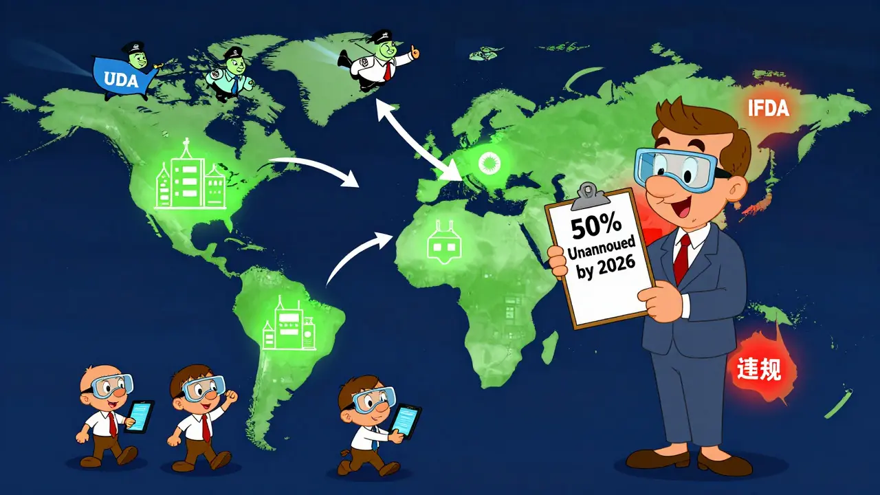 Global map shows FDA inspectors flying to foreign drug factories with compliance status colors in Hanna-Barbera style.
