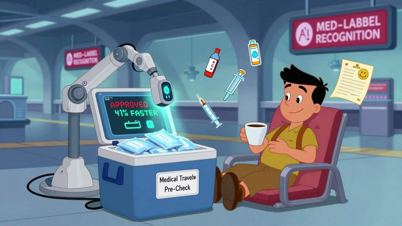 Insulated cooler being scanned by AI in special medical traveler lane at futuristic airport.