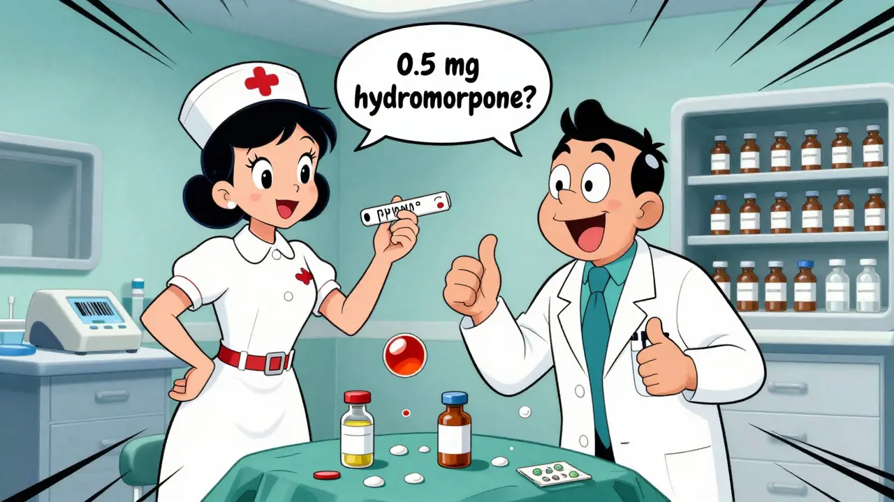 Nurse and doctor confirm medication dose with verbal read-back in colorful hospital setting.