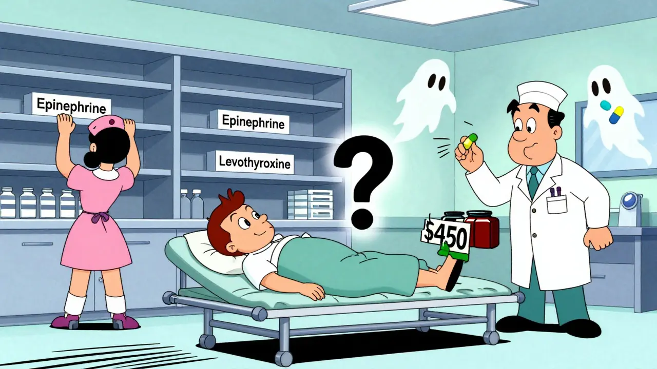 Nurses searching empty shelves in an ER, a patient with a question mark, and a 0 pill floating above.