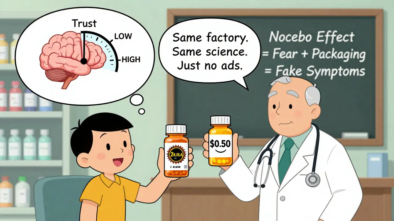 Patient and doctor comparing pill bottles with different prices; brain dial shows trust increasing as doctor reassures them.