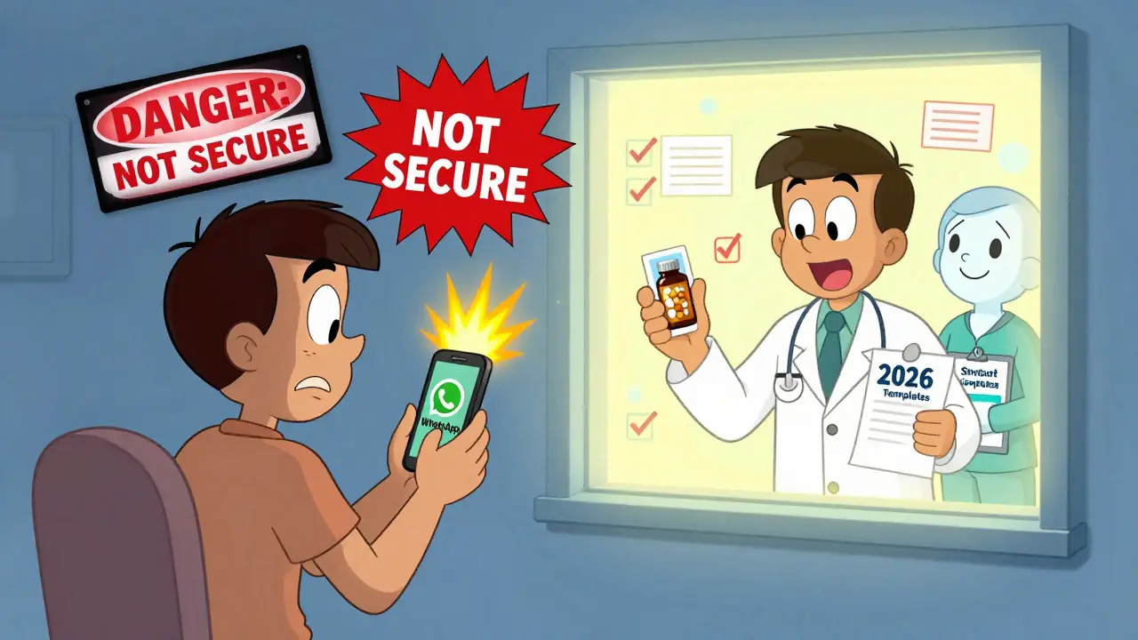 Patient comparing unsafe WhatsApp texting with secure portal, cartoon style with danger and safety icons.