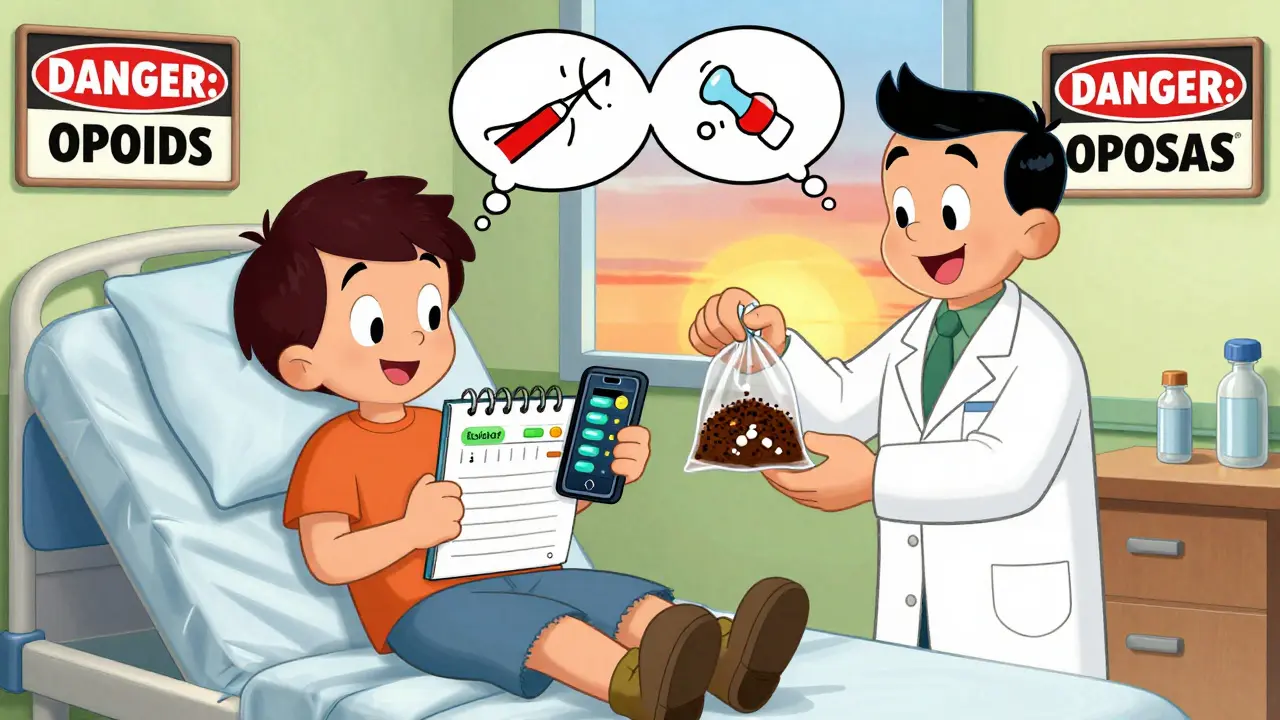 Patient logs meds with phone while pharmacist gives safe disposal bag in cartoon style.